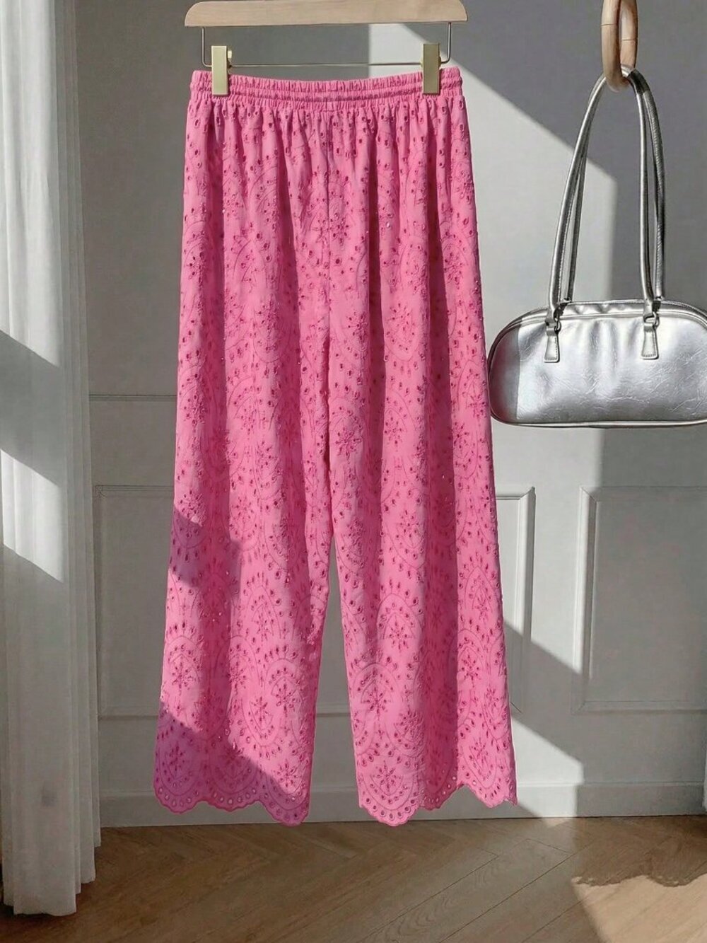 Hot Pink Casual Women's Plus Size Fuchsia Embroidered Loose Pants - Picture 2 of 6